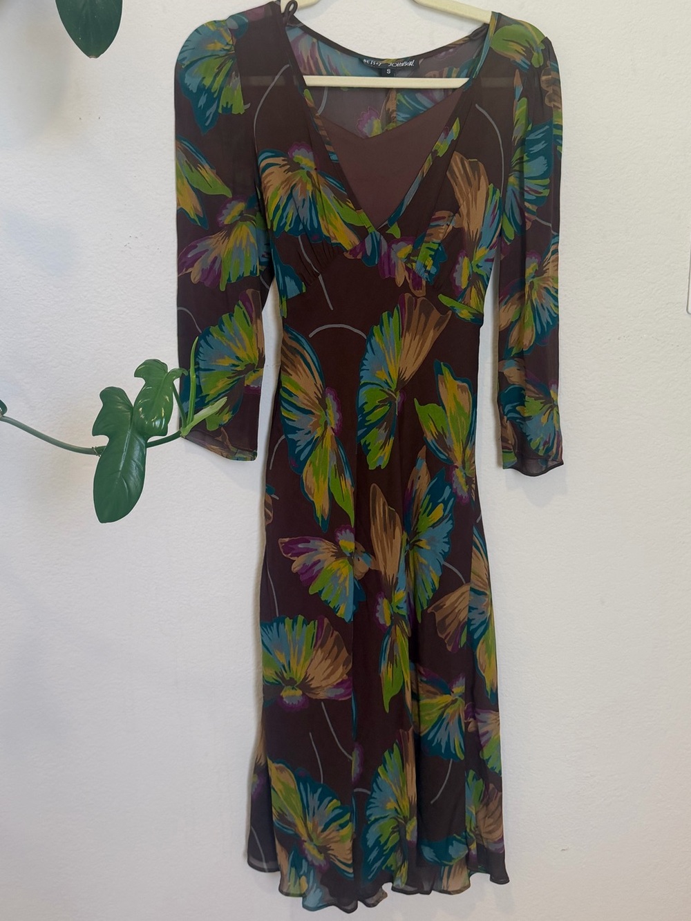 90s rare Betsey Johnson Brown Ginkgo Floral Midi Dress w tie back